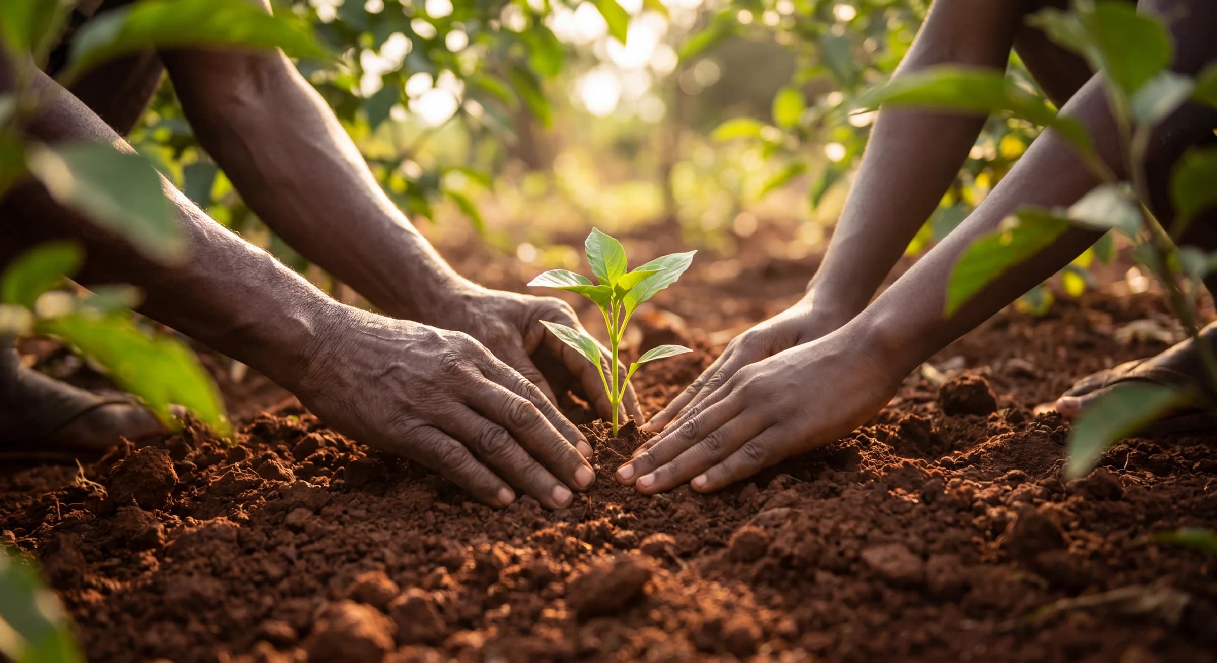 Cameroonian hands planting seedlings in red soil at golden hour